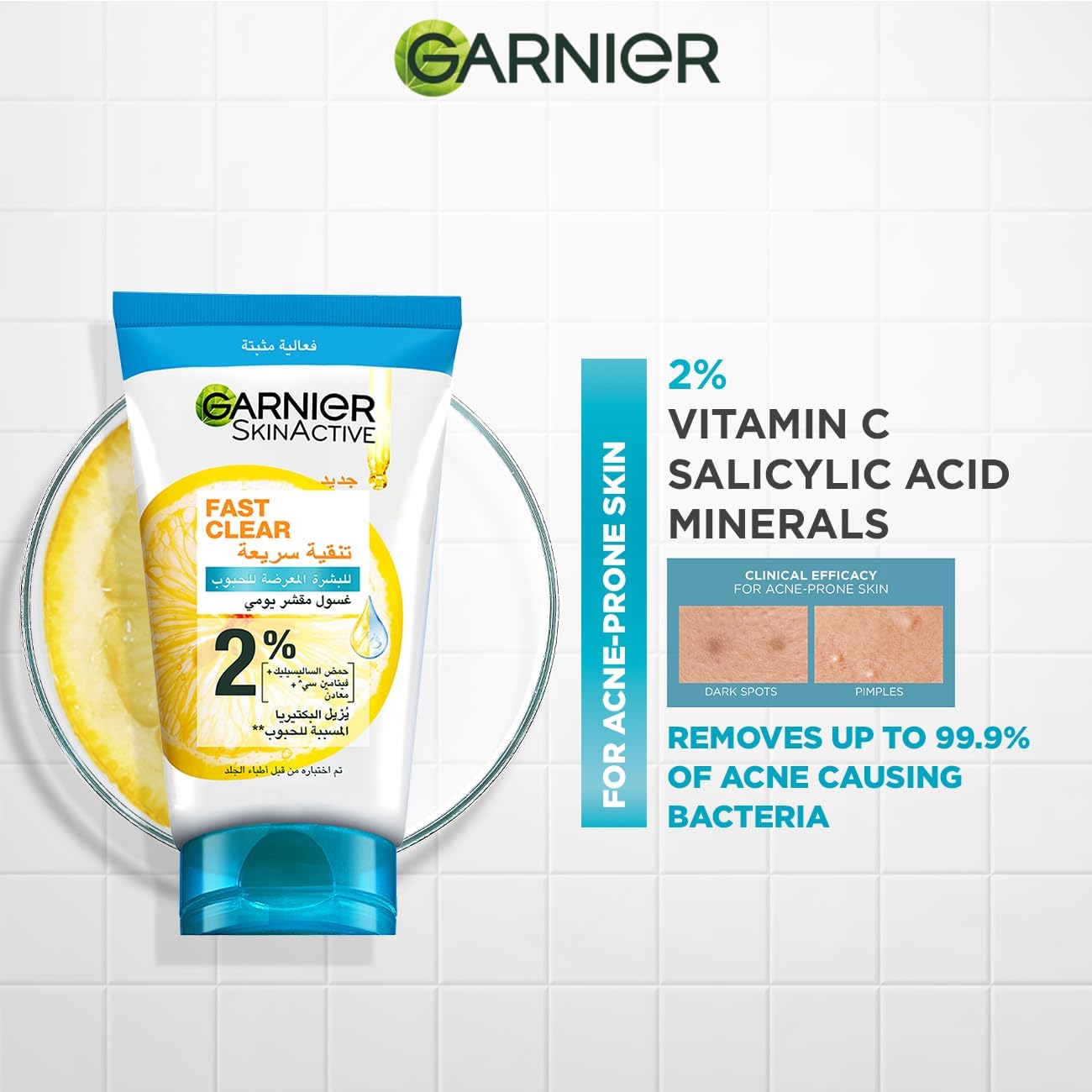 Garnier Skinactive Fast Clear 3-in-1 Face Wash, For Acne Prone Skin, with Salicylic Acid and Vitamin C