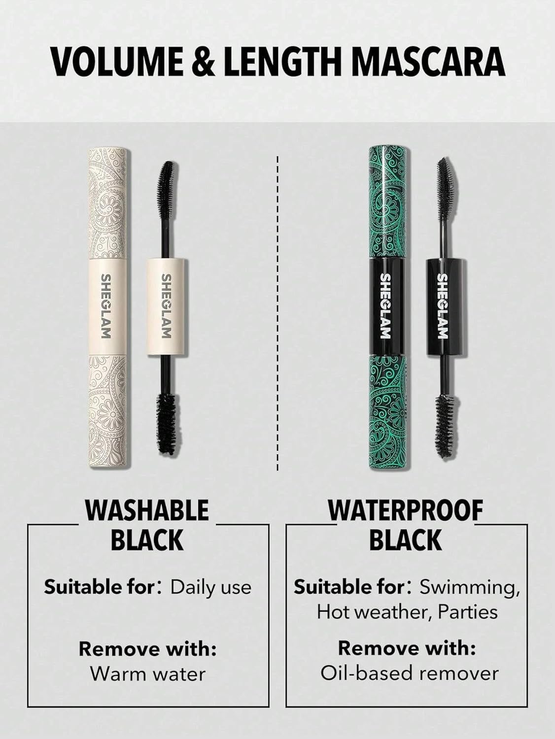 SHEGLAM 2 In 1 Black Volume and Length Washable Mascara Long Lasting Dual-Ended Tubing Eye Makeup