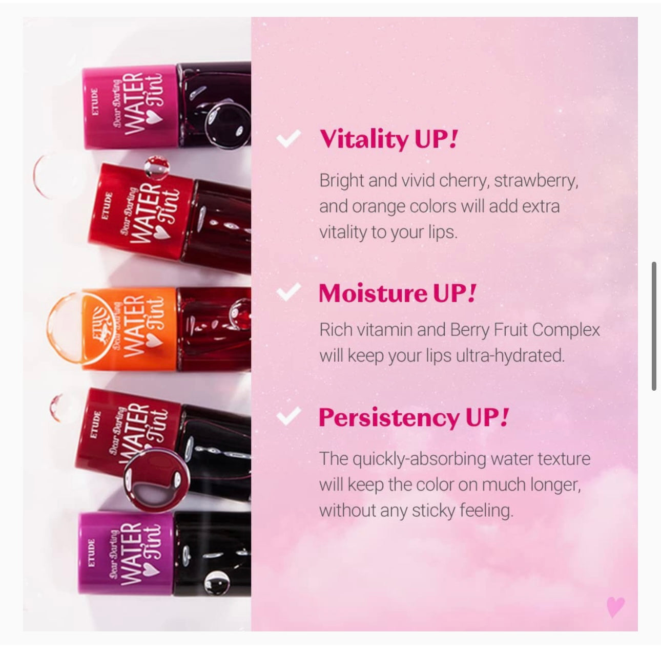Etude House Dear Darling Water Tint Strawberry Ade (21AD) Bright Vivid Color Lip Tint with Moisturizing Pomegranate & Grapefruit Extract